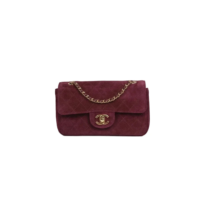 COCO Mini Classic Double Flap Suede Burgundy Gold Hardware